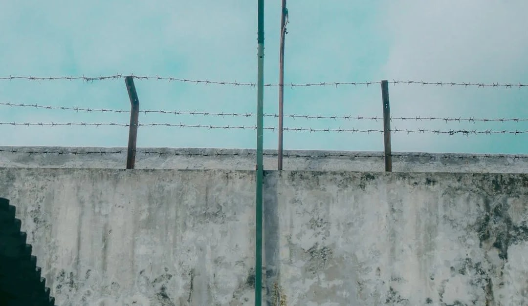Barbed-wire fence atop a weathered concrete wall against a pale blue sky, with a green metal post in the center and a stair shadow on the left.