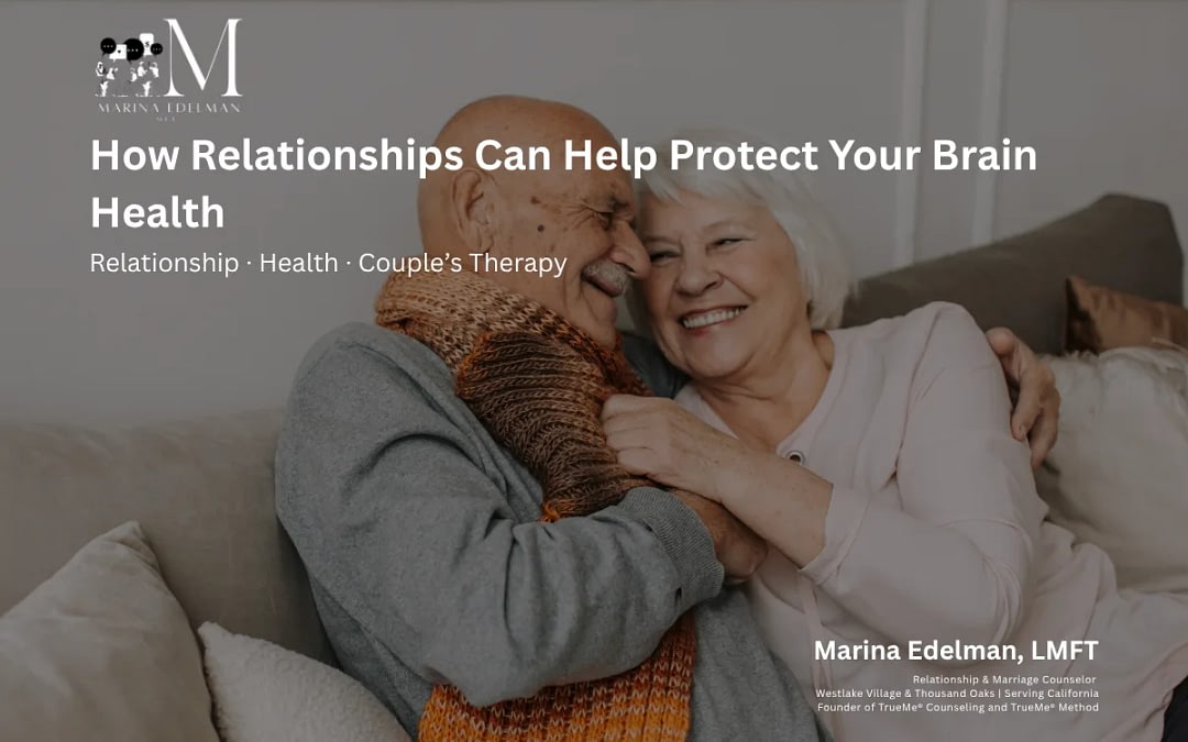 Couple embracing on a sofa with smiles; article title about relationships and brain health.