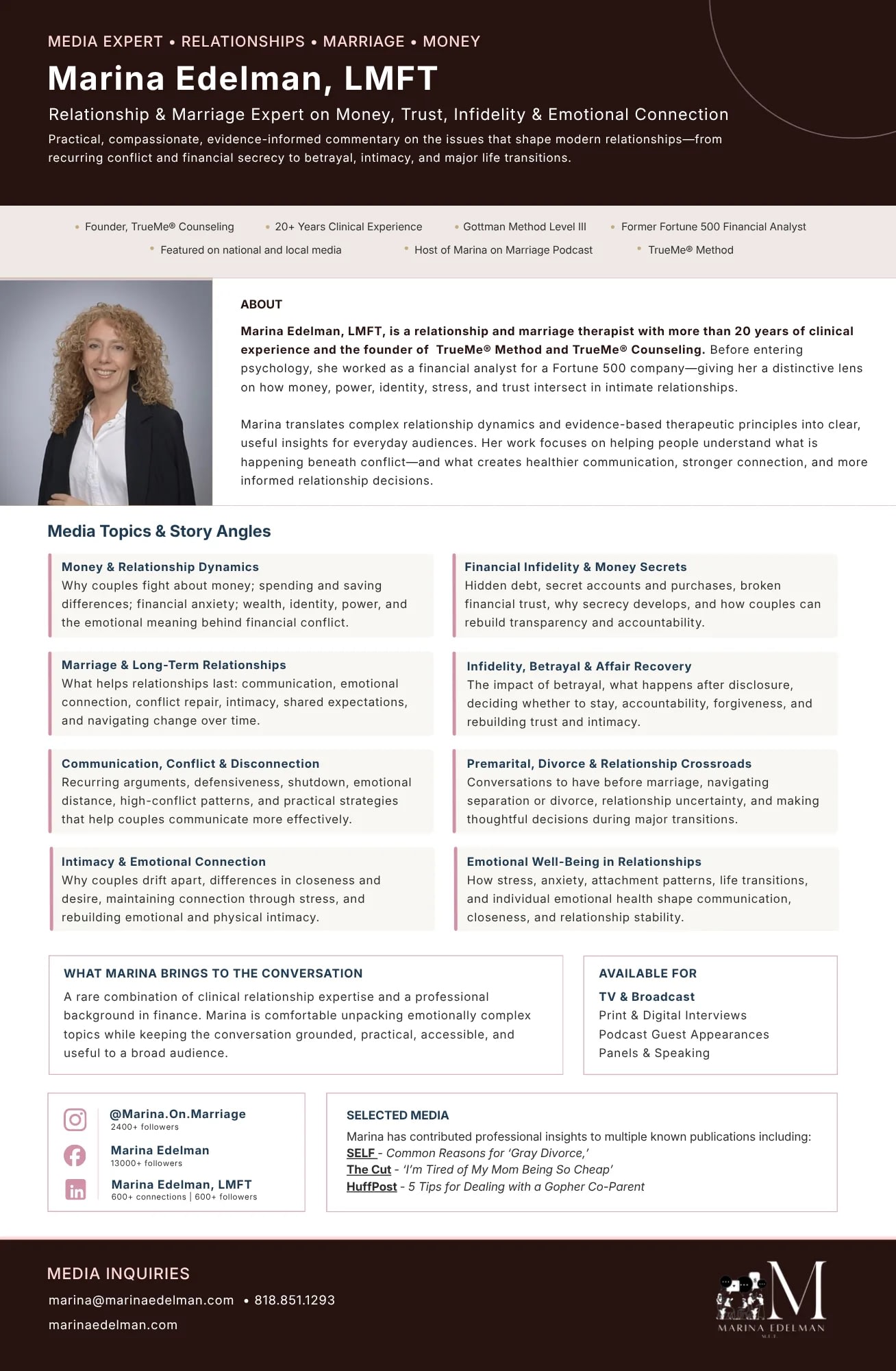 Marina Edelman New Media Sheet • Marina Edelman, Marriage and Family Therapist Marina Edelman, LMFT- Media Sheet